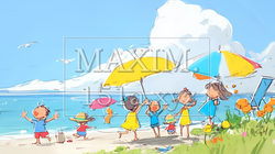 小学生の夏の思い出：海水浴（クレヨン＋水彩画風）