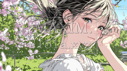 満開の桜の下、春風に乱れた髪を整える若い女性 | 5281815-15096