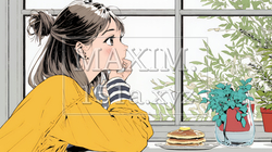 早朝のダイナー（喫茶店）でパンケーキ（モーニングセット）を食べる若い女性｜458055-15619