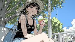 夏空の下でかき氷をたべる若い女性 | 5289873-9922