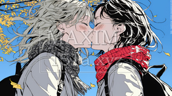 秋の紅葉の下でキスをしている若い恋人たち