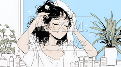 スキンケアを念入りに行う若い女性（シンプルな色使い） | 5308625-15930