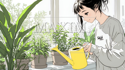観葉植物の世話をする若い女性 | 530869-16044