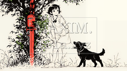 愛犬と散歩している若い女性（シンプルな色使い）