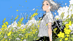 春風の中、菜の花畑にいる制服姿の女子高生