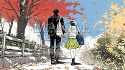 紅葉の小径を仲良く歩く少女と父親｜5344709-12021
