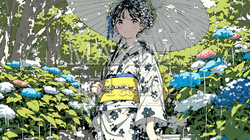 あじさいの小径を和服で歩く若い女性｜5449434-9246