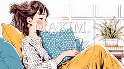 ソファでクッションを抱えてくつろぐ若い女性 | 5342863-16740