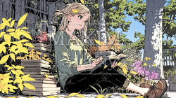 読書の秋：紅葉の木の下で本を読んでいる若い女性｜5353030-8288