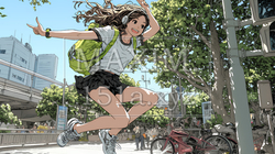 喜びにあふれ、軽やかにスキップする若い女性 | 535045-17005