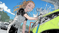 晴れた日に洗車をする若い女性｜青空と水しぶきの爽やかなライフスタイルシーン