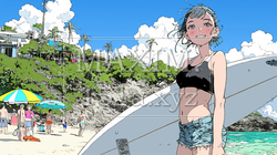 沖縄の海岸でビキニ姿でサーフボードを持った若い女性