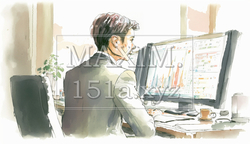 デスクに向かって取引画面を操作する男性トレーダーの横顔。 | 5362485-3841