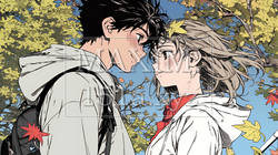 紅葉の下でいちゃついている若いカップル｜5392955-11334