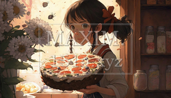 花より団子：女の子がお誕生日にたくさんの花とケーキをもらいました。でも、やっぱりケーキにご執心。