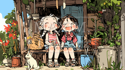 小学生の夏の思い出：友達と縁側でいつまでもおしゃべり（クレヨン＋水彩画風）