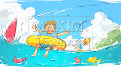 小学生の夏の思い出：海水浴（クレヨン＋水彩画風）
