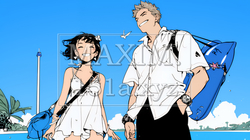 夏休みの思い出：恋人と海水浴に行く（シンプルな色使い）