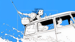 夏休みの思い出：友達と-ウォーターフォーディング（水辺のドライブ）（シンプルな色使い）