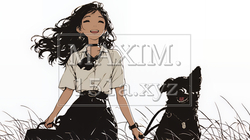 愛犬と散歩している若い女性（シンプルな色使い）｜5312329-10879