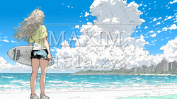 夏の海と入道雲と若い女性