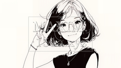 笑顔でピースサインを見せる若い女性（シンプルな色使い）