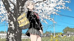 満開の桜の木の下を歩く制服姿の女子高生｜541140-10386