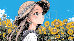 夏の晴天の日、ひまわりの畑を散策している若い女性｜