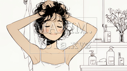 朝支度：洗面所で髪をまとめている若い女性（シンプルな色使い） | 5415208-15551