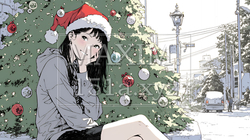 ホワイトクリスマスの街を歩く若い女性 | 5424335-6640