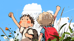 小学生の夏の思い出：近所の秘境を探検（クレヨン＋水彩画風）