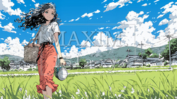 田んぼのあぜ道を歩いている女性