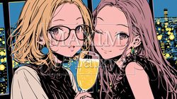女子会：気の合う女友達が集まり、酒を交わし、おいしい食事をしながら、仕事の話や恋バナをしている