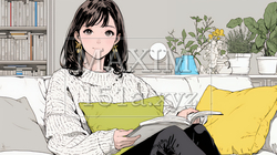 ソファでクッションを抱えてくつろぐ若い女性 | 545696-16739