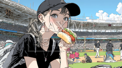 野球などの屋外スポーツを観戦しながら、ホットドッグを頬張る若い女性。 | 5459018-9567