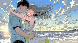 夕方の海辺でハグする（抱き合う）若い恋人たち｜69908-4962