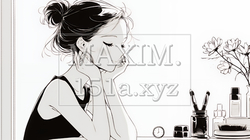 スキンケアを念入りに行う若い女性（シンプルな色使い） | 5465425-15915