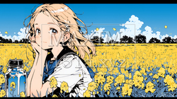 春風の中、菜の花畑にいる制服姿の女子高生 | 5468157-15355