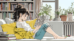 読書の秋：リビングルームで本を読んでいる若い女性｜5474018-15748