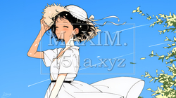 春風に飛ばされそうな帽子を、手で押さえる若い女性（シンプルな色使い） | 5473345-15040