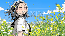 春風の中、菜の花畑にいる制服姿の女子高生 | 548329-15370