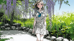 満開の藤の花の下を歩いている女子高生 | 5488722-7890