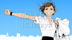 ガッツポーズ（拳を握って力強く）をしているビジネスウーマン（シンプルな色使い） | 5493716-13741