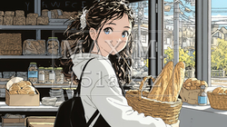 近所のパン屋で焼きたてパンを買う若い女性 | 550228-16204