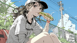 野球などの屋外スポーツを観戦しながら、ホットドッグを頬張る若い女性。 | 5502938-9560