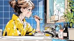 洗面所で朝の歯磨きをする若い女性 | 5505188-16889