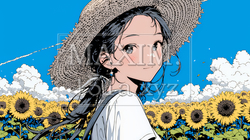真夏の青空のもと、ヒマワリ畑を散策している若い女性｜5631840-8779