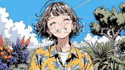 沖縄のかりゆしファッションを着て笑顔いっぱいの若い女性｜5777564-4384