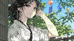 風鈴の音色を聞いている若い女性