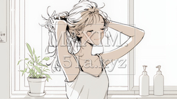 朝支度：洗面所で髪をまとめている若い女性（シンプルな色使い） | 552169-15549